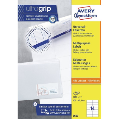 Etikett címke, 105 x42,3mm, univerzális, 14 címke/ív, 100 ív/doboz, Avery fehér Etikett címke, 105 x42,3mm, univerzális, 14 címke/ív, 100 ív/doboz, Avery fehér