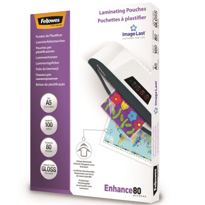 Lamináló fólia, A5, 80 mikron, fényes, 100 db/doboz, Fellowes® Lamináló fólia, A5, 80 mikron, fényes, 100 db/doboz, Fellowes®