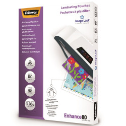 Lamináló fólia, A5, 80 mikron, fényes, 100 db/doboz, Fellowes® Kötészeti kellék Fellowes
