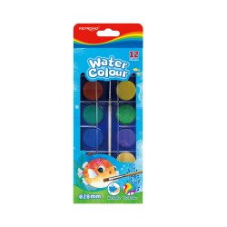 Vízfesték készlet, 28 mm x 12 szín, ecsettel, műanyag dobozban, Keyroad Vízfesték Keyroad