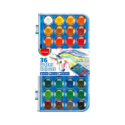 Vízfesték készlet, 23 mm x 36 szín, ecsettel, műanyag dobozban, Keyroad Vízfesték Keyroad