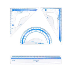 Vonalzókészlet, 15 cm, vonalzó, szögmérő, 45° és 60° háromszög vonalzók 4 db/bliszter Keyroad Vonalzó, szögmérő Keyroad