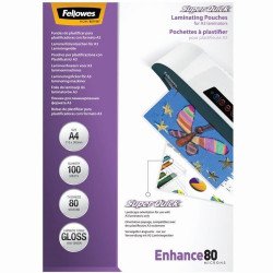 Lamináló fólia, A4, 80 mikron, fényes, 100 db/doboz, SuperQuick Fellowes® Kötészeti kellék Fellowes