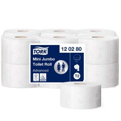 Toalettpapír 2 rétegű közületi átmérő: 18,8 cm 850 lap/170 m/tekercs 12 tekercs/karton Mini Jumbo Tork_120280 fehér Toalettpapírok TORK