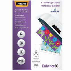 Lamináló fólia, A4, 80 mikron, fényes, 100 db/doboz, Fellowes® Kötészeti kellék Fellowes