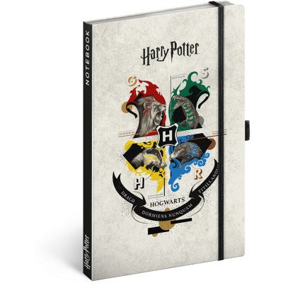 Keménytáblás notesz krémszínű lapokkal leszorító gumiszalaggal Harry Potter-Hogwarts 130x210mm, Presco