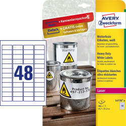 Etikett címke, 45,7 x21,2mm, időjárásálló poliészter, 48 címke/ív, 8 ív/doboz, Avery fehér Etikett - címke Avery
