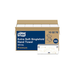 Kéztörlő 2 rétegű V hajtogatott 200 lap/csomag 22,6 x 23 cm 15 csomag/karton Premium Extra Soft H3 Tork_100278 fehér Papírtörlők TORK