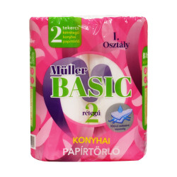 Háztartási papírtörlő kéztörlő 2 rétegű 40 lap/tekercs 2 tekercs/csomag Müller Basic hófehér Papírtörlők Müller