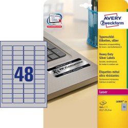 Etikett címke, 45,7 x21,2mm, ipari poliészter, 48 címke/ív, 20 ív/doboz, Avery ezüst Etikett - címke Avery