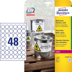 Etikett címke, O30mm, időjárásálló poliészter, 48 címke/ív, 20 ív/doboz, Avery fehér Etikett - címke Avery