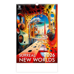 Falinaptár képes 315 × 630 mm, fehér lapokkal Surreal New Worlds Dayliner 2026. Falinaptár Dayliner