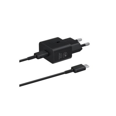 Töltő hálózati SAMSUNG Type-C aljzat (25W, GaN, PD gyorstöltő + Type-C kábel) fekete