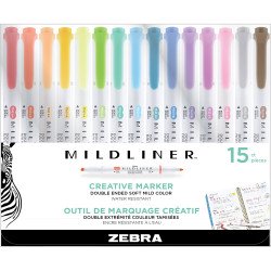 Szövegkiemelő készlet, 1,4/4 mm, kétvégű, Zebra Mildliner Highlighter, 15 különböző szín Szövegkiemelő Zebra
