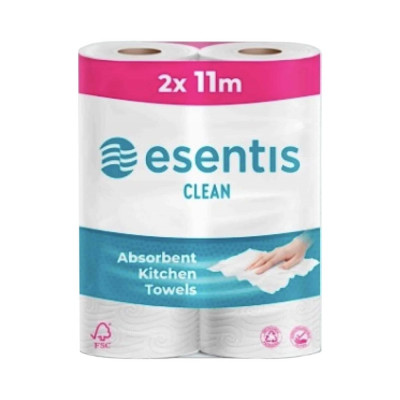 Háztartási papírtörlő kéztörlő 2 rétegű 100% cellulóz 2 tekercs/csomag Esentis clean fehér