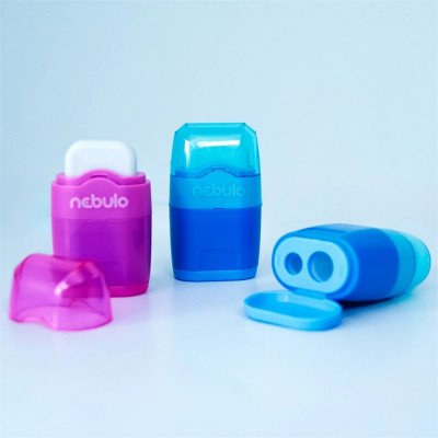 Hegyező 2 lyukú műanyag, tartályos+radír egyben Nebulo vegyes színek