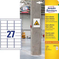 Etikett címke, 63,5 x29,6mm, szuper tapadású 27 címke/ív, 20 ív/doboz, Avery fehér Etikett - címke Avery