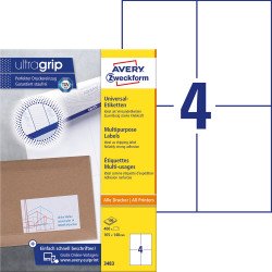 Etikett címke, 105 x148mm, univerzális, 4 címke/ív, 100 ív/doboz, Avery fehér Etikett - címke Avery