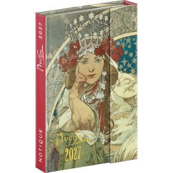 Határidőnapló mágnessel záródó, heti, fehér lapokkal Alphonse Mucha 110x160mm, Presco Napló Presco