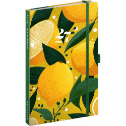 Keménytáblás tervező krémszínű lapokkal, kétheti beosztással, leszorító gumiszalaggal Lemons 130x210mm, Presco Napló Presco