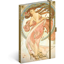 Keménytáblás notesz krémszínű lapokkal, vonalas, leszorító gumiszalaggal Alphonse Mucha – Dance 130x210mm, Presco Napló Presco
