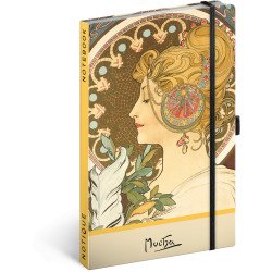 Keménytáblás notesz krémszínű lapokkal, pontozott, leszorító gumiszalaggal Alphonse Mucha – Feather 130x210mm, Presco Napló Presco