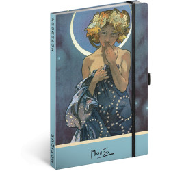 Keménytáblás notesz krémszínű lapokkal, pontozott, leszorító gumiszalaggal Alphonse Mucha – Luna 130x210mm, Presco Napló Presco