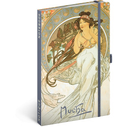 Keménytáblás notesz krémszínű lapokkal, vonalas, leszorító gumiszalaggal Alphonse Mucha – Music 130x210mm, Presco Napló Presco