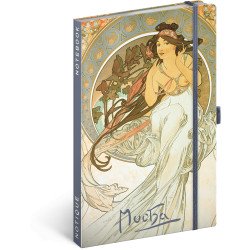 Keménytáblás notesz krémszínű lapokkal, vonalas, leszorító gumiszalaggal Alphonse Mucha – Music 130x210mm, Presco Napló Presco