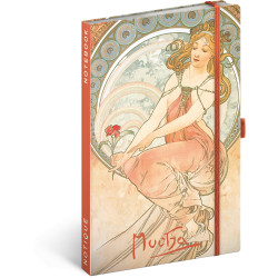 Keménytáblás notesz krémszínű lapokkal, vonalas, leszorító gumiszalaggal Alphonse Mucha – Painting 130x210mm, Presco Napló Presco