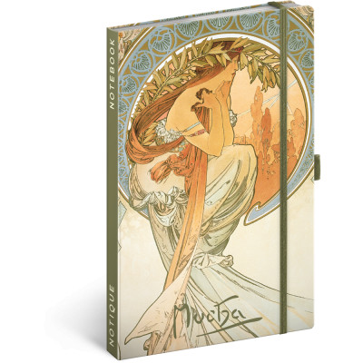 Keménytáblás notesz krémszínű lapokkal, vonalas, leszorító gumiszalaggal Alphonse Mucha – Poetry 130x210mm, Presco