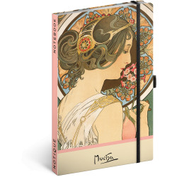 Keménytáblás notesz krémszínű lapokkal, pontozott, leszorító gumiszalaggal Alphonse Mucha – Primrose 130x210mm, Presco Napló Presco