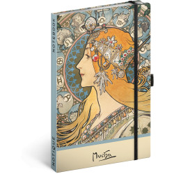 Keménytáblás notesz krémszínű lapokkal, pontozott, leszorító gumiszalaggal Alphonse Mucha – Zodiac 130x210mm, Presco Napló Presco