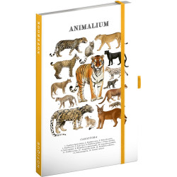 Keménytáblás notesz krémszínű lapokkal, vonalas, leszorító gumiszalaggal Animalium – Felines 130x210mm, Presco Napló Presco
