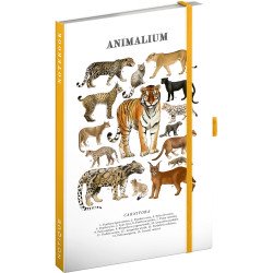Keménytáblás notesz krémszínű lapokkal, vonalas, leszorító gumiszalaggal Animalium – Felines 130x210mm, Presco Napló Presco