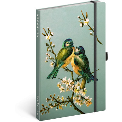 Keménytáblás notesz krémszínű lapokkal, pontozott, leszorító gumiszalaggal Birds 130x210mm, Presco