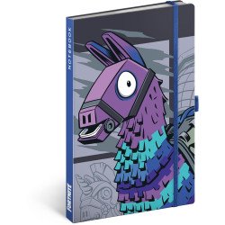 Keménytáblás notesz krémszínű lapokkal, vonalas, leszorító gumiszalaggal Fortnite – Llama 130x210mm, Presco Napló Presco