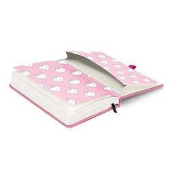 Keménytáblás notesz krémszínű lapokkal, vonalas, leszorító gumiszalaggal Hello Kitty 130x210mm, Presco Napló Presco
