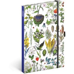 Keménytáblás notesz krémszínű lapokkal, pontozott, leszorító gumiszalaggal Herbs 130x210mm, Presco Napló Presco