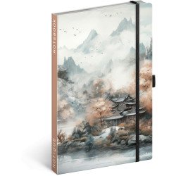 Keménytáblás notesz krémszínű lapokkal, vonalas, leszorító gumiszalaggal Japan 130x210mm, Presco Napló Presco