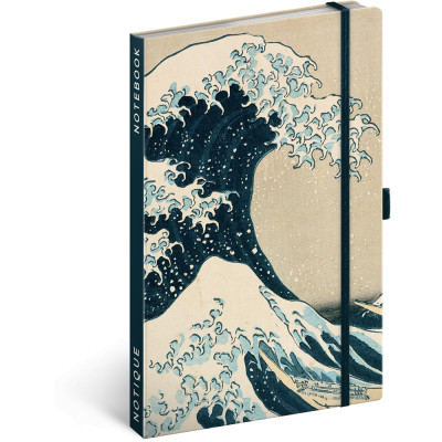 Keménytáblás notesz krémszínű lapokkal, vonalas, leszorító gumiszalaggal Katsushika Hokusai 130x210mm, Presco