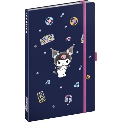 Keménytáblás notesz krémszínű lapokkal, vonalas, leszorító gumiszalaggal Kuromi 130x210mm, Presco