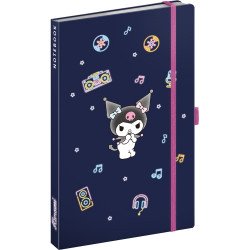 Keménytáblás notesz krémszínű lapokkal, vonalas, leszorító gumiszalaggal Kuromi 130x210mm, Presco Napló Presco