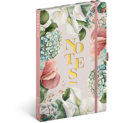 Keménytáblás notesz krémszínű lapokkal, vonalas, leszorító gumiszalaggal Lilium 130x210mm, Presco