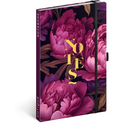 Keménytáblás notesz krémszínű lapokkal, vonalas, leszorító gumiszalaggal Purple Flowers 130x210mm, Presco