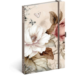 Keménytáblás notesz krémszínű lapokkal, vonalas, leszorító gumiszalaggal Powder Flower 130x210mm, Presco Napló Presco