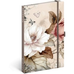 Keménytáblás notesz krémszínű lapokkal, vonalas, leszorító gumiszalaggal Powder Flower 130x210mm, Presco Napló Presco