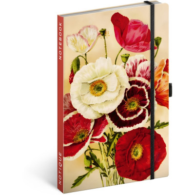 Keménytáblás notesz krémszínű lapokkal, vonalas, leszorító gumiszalaggal Poppies 130x210mm, Presco