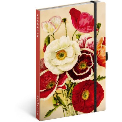 Keménytáblás notesz krémszínű lapokkal, vonalas, leszorító gumiszalaggal Poppies 130x210mm, Presco