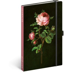 Keménytáblás notesz krémszínű lapokkal, pontozott, leszorító gumiszalaggal Roses 130x210mm, Presco Napló Presco